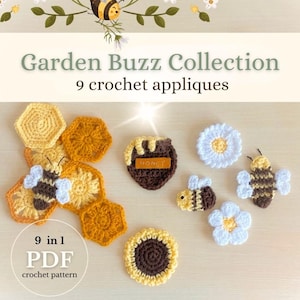 Crochet Bee Appliques Pattern: Honeycomb, Flowers, Bees, Honeypot (Digital PDF, English)