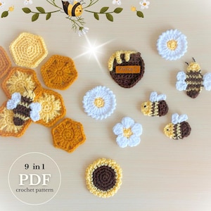 Schema per applicazioni all'uncinetto a forma di ape: nido d'ape, fiori, api, vaso di miele (PDF digitale, inglese)