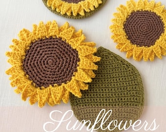 May include: Three round crochet sunflower coasters with dark brown centres and bright yellow petals, alongside one green crochet leaf-shaped coaster. The items are arranged on a light surface with the text Sunflower Crochet Pattern.