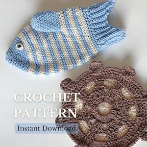 May include: A crocheted fish-shaped item in blue and cream stripes, with a round, brown crocheted item below. The text "CROCHET PATTERN" and "Instant Download" are displayed in white letters on a light blue background.