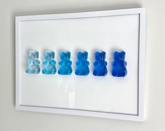 Blue Ombre Gummy Bear Resin Wall Art: Handmade Pop Art Decor (12x16)