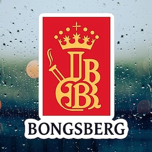 May include: A sticker with a red background featuring a gold emblem and the word "BONGSBERG" in white. The emblem includes a crown, the letters "IB" and "GB", and a smoking pipe design.