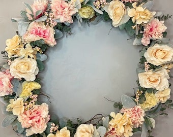Pink Front Door Wreath | Lambs Ear & Eucalyptus Wreath | 24" Wreath | Spring Front Door Wreath | Shades of Pink Wreath | Coral Pink Wreath