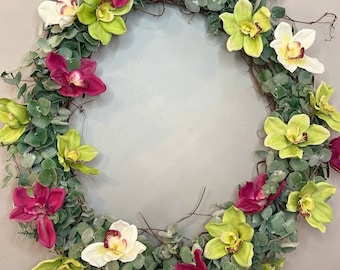 24" Orchid and Eucalyptus Wreath | Front Door Wreath | Spring Wreath | Summer Wreath | Green, Pink, and White Wreath | Unique Wreath