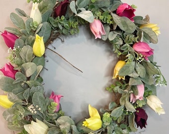 Spring Tulip Wreath | Farmhouse Wreath for Front Door | Mother's Day Gift | Easter Wreath | Summer Wreath | Front Door Wreath