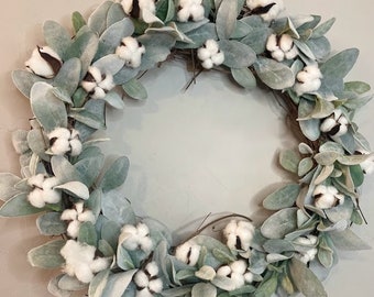 Spring Wreath | Lambs Ear and Cotton Wreath | Farmhouse Wreath | Year-Round Wreath | Front Door Wreath | Gift for Her | Floral Decor