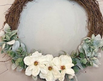 White Magnolia Wreath | Front Door Wreath | White Floral Wreath | 24 Inch Wreath | Spring Wreath | Summer Wreath | Gift for Her | Farmhouse