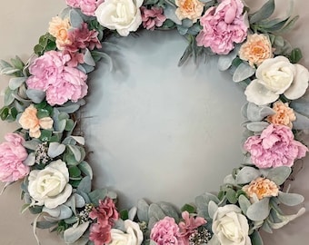 24" Pink Floral Wreath | Pink Spring Wreath | Front Door Wreath | Lambs Ear Floral Wreath | Peony and Rose Wreath for Front Door | Farmhouse
