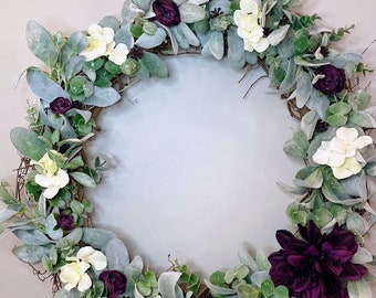 Purple Wreath | Deep Purple Wreath | Purple and White Wreath | Front Door Wreath | 24" Wreath | Boho Wreath | Minimalist Wreath | Farmhouse