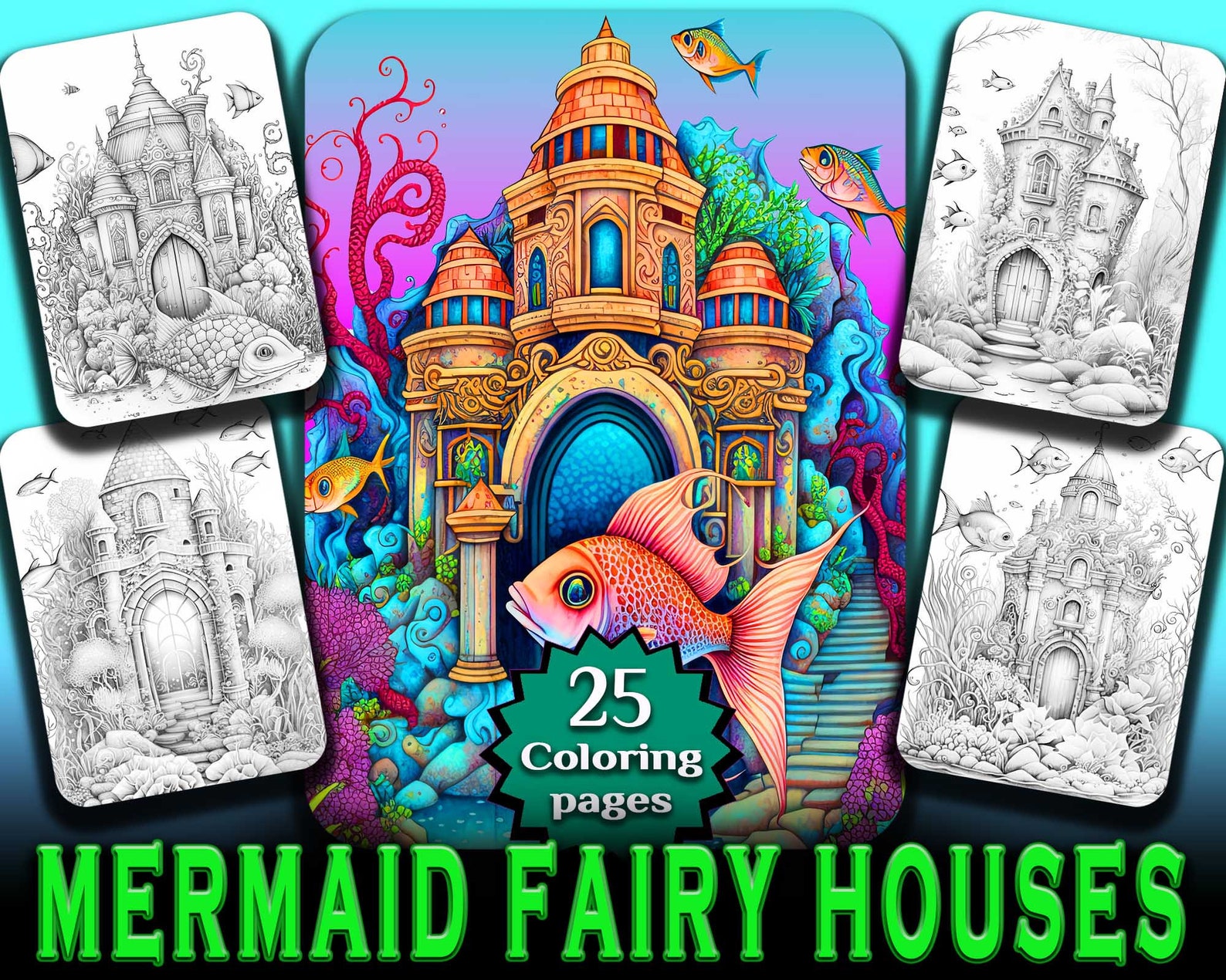 Mermaid Fairy House Coloring Pages for Kids &amp; Adults Instant - Etsy