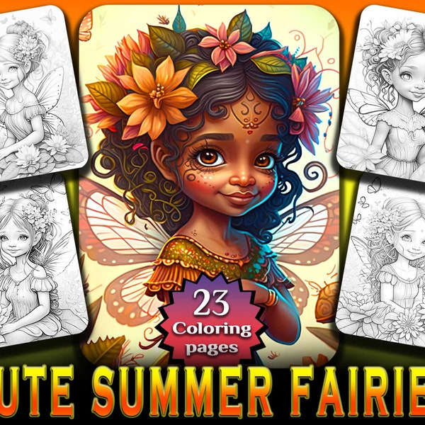 Lindas hadas mágicas de verano para colorear páginas de libros - Adultos + niños Descarga instantánea - Página para colorear en escala de grises imprimible PDF Fairycore Coloring