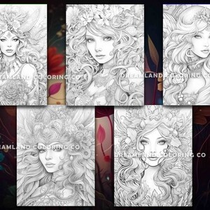 Fantasy Beauties Coloring Book for Adult Kids Downloadable Grayscale ...