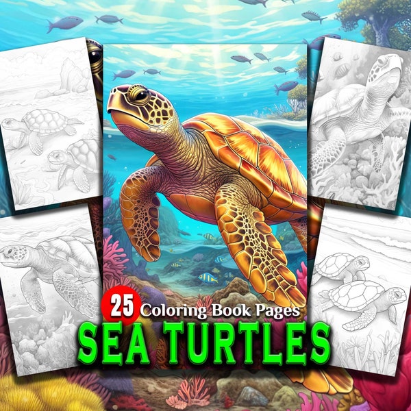 25 Sea Turtles Coloring Book Pages Instant Download Grayscale Printable Art Baby Turtles Ocean Waves Sunset Beach Loggerhead Water Coloring