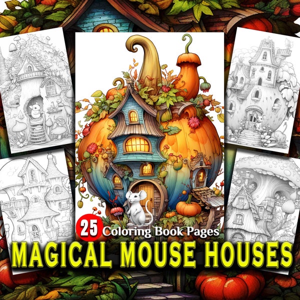 Magical Mouse Forest House Coloring Book Pages for Kids & Adults Printable Coloring Instant Digital Download Coloring Fantasy Mice Grayscale