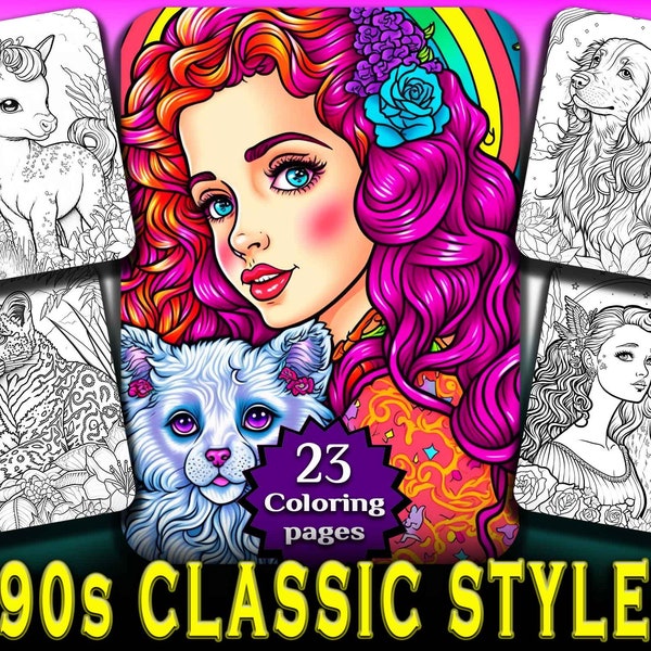 Nostalgic 90s Coloring Book Pages for Adults + Kids Instant Download - Line Art Coloring - Printable PDF 90s Coloring Vintage Animals Girls