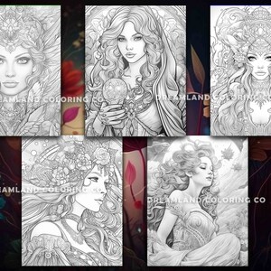 Fantasy Beauties Coloring Book for Adult Kids Downloadable Grayscale ...