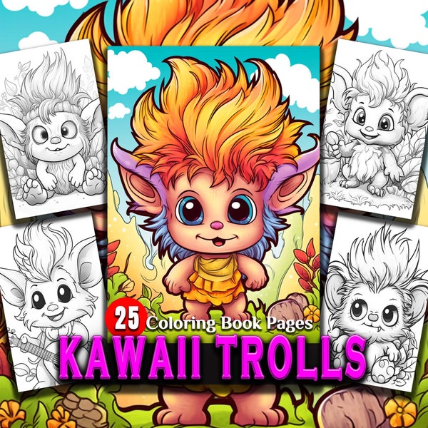 25 Cute Baby Kawaii Style Trolls Coloring Pages Printable for Adults & Kids Coloring Book Instant Download Adorable Troll Birthday Party Fun