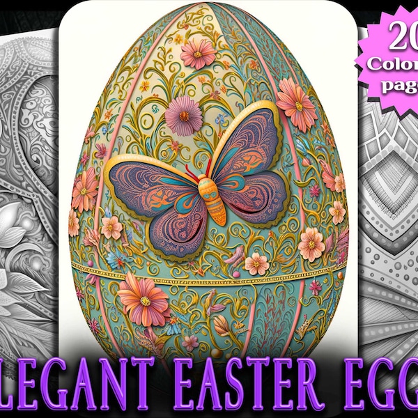 Elegant Fancy Easter Eggs Coloring Pages Adults + Kids - Digital Download - 20 Grayscale Coloring Page - Gift, Printable Art PDF Relaxation