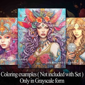 Fantasy Beauties Coloring Book for Adult Kids Downloadable Grayscale ...