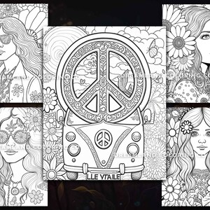 1970s Groovy Love Hippie Peace Coloring Book Pages for Grown Ups ...