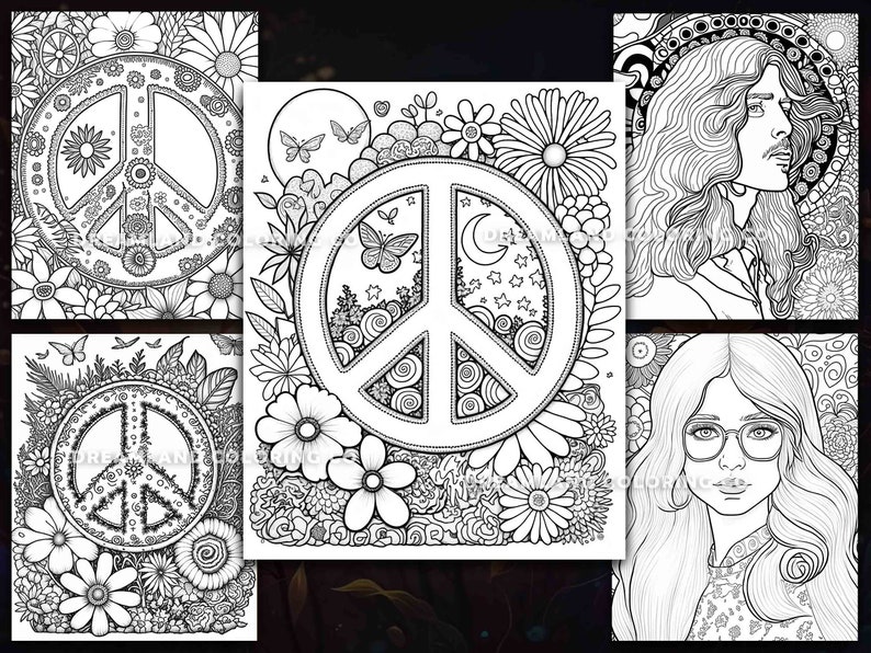 1970s Groovy Love Hippie Peace Coloring Book Pages for Grown Ups ...