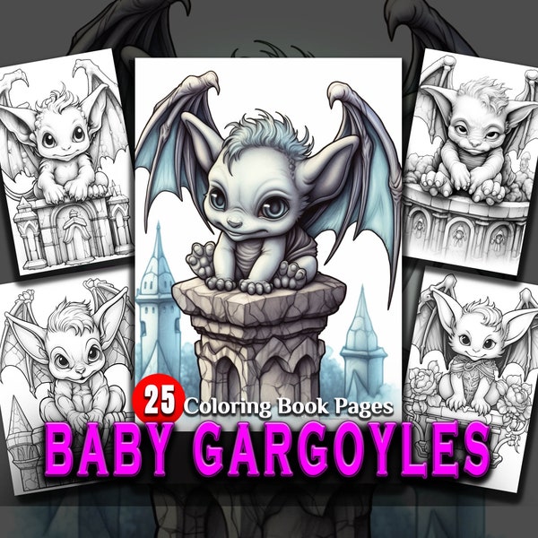 25 Baby Gargoyles Coloring Pages Printable Adult Coloring Book Pages Instant Download Grayscale Illustration Adorable Cute with Cathedrals