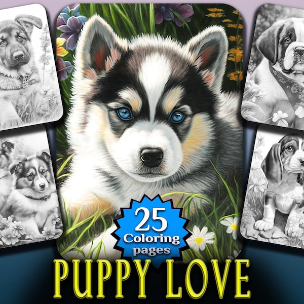 Puppy Love schattige honden kleurboekpagina's 25 grijswaarden Instant Digitale Download voor volwassenen en kinderen afdrukbare kleurplaten bloemdieren