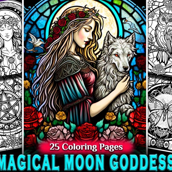 Magical Moon Goddess Stained Glass Coloring Page Book, Adults and Kids Instant Download, Line Art Coloring Page Printable PDF Wicca coloring