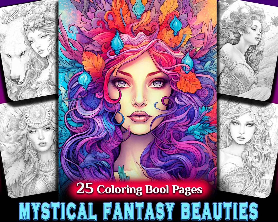 Fantasy Beauties Coloring Book for Adult Kids Downloadable Grayscale Coloring Pages Printable ...