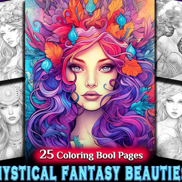 Fantasy Beauties Coloring Book for Adult Kids Downloadable Grayscale Coloring Pages Printable Pdf Instant Download Gorgeous Beautiful women