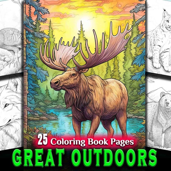 Al aire libre Animales del bosque Libro para colorear Adultos Niños Descargables Páginas para colorear en escala de grises Imprimible Descargar Bosque Oso Ciervo Águila Vida silvestre