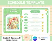Green Cute Aesthetic Stream Schedule Weekly Template | Includes CANVA | Vtuber Assets |Simple Twitch Schedule, Streamer Schedule Planner