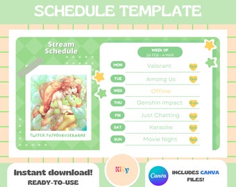 Plantilla de programación semanal de transmisiones con estética verde y bonita / Incluye CANVA / Recursos de Vtuber / Programación sencilla de Twitch, Planificador de programación de transmisiones