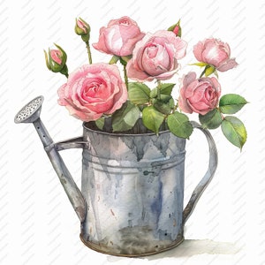 Roses in a Watering Can Clipart - 10 High Quality JPGs, Scrapbooks, Digital Craft, Digital Planners, Junk Journal, Instant Download