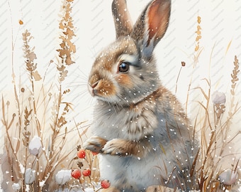 May include: A watercolor painting of a brown rabbit sitting in a snowy field with brown grass and red berries. The rabbit is looking to the left of the image.