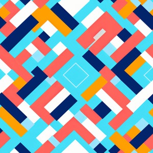 May include: Abstract geometric pattern with overlapping squares and rectangles in shades of blue, orange, white, and pink.