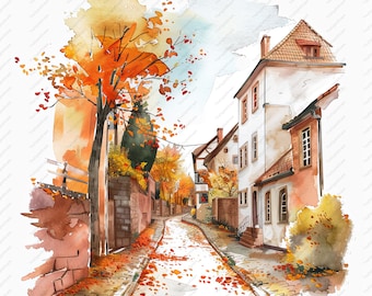 Autumn Street Watercolor Clipart: Fall Printable Art (Digital Download)