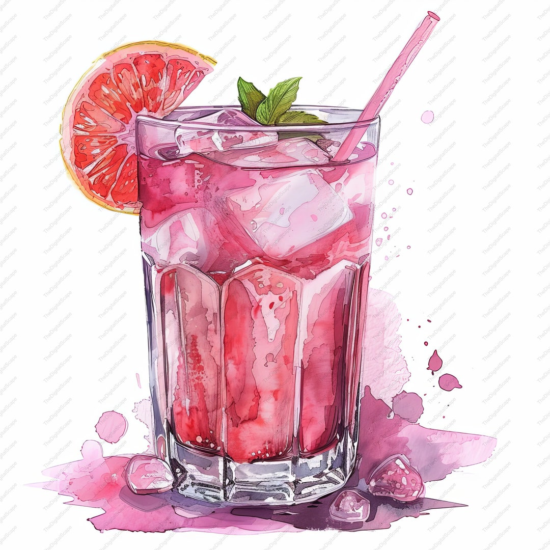 ピンクのカクテルクリップアート - 水彩ドリンクイラスト（JPG、商用