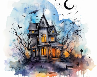 Haunted House Clipart: Watercolor Halloween JPGs (Digital Download)