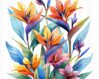 May include: A watercolor painting of a bouquet of tropical flowers. The flowers are in shades of orange, yellow, red, and purple. The leaves are a vibrant blue-green.