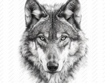 狼の鉛筆スケッチクリップアート：白黒JPG（デジタルダウンロード