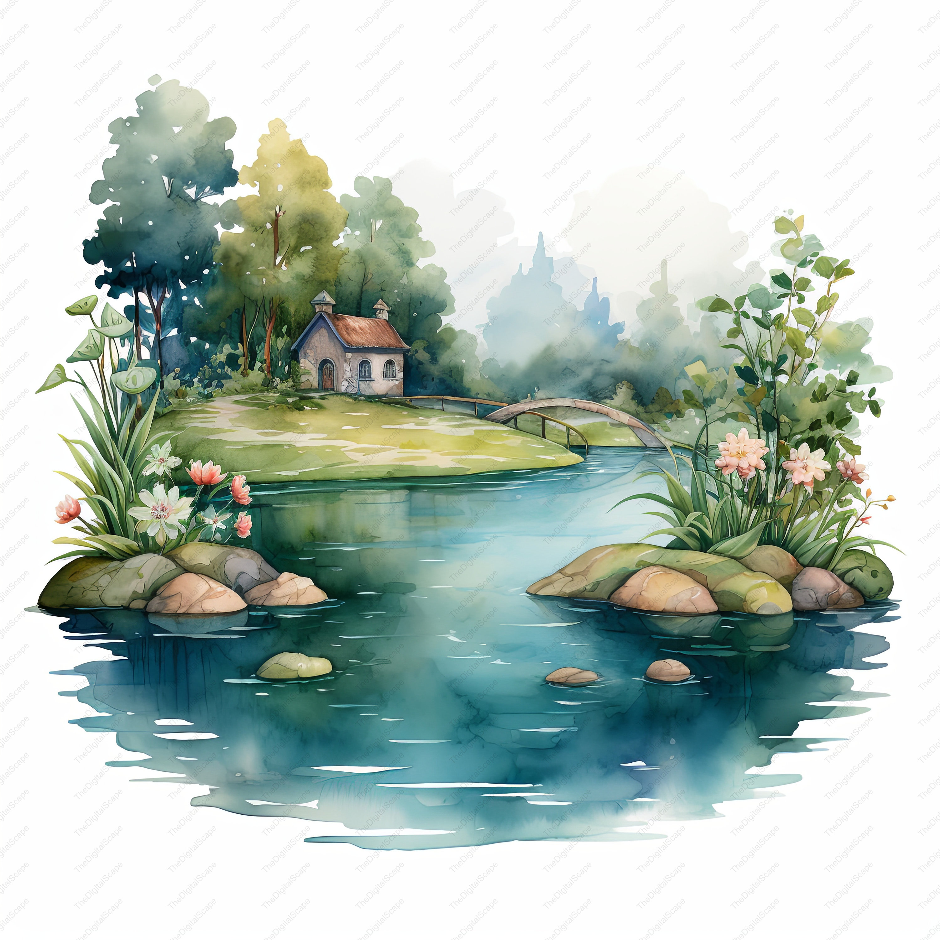 田舎の池のクリップアート：水彩風景画（デジタルダウンロード