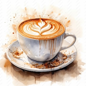 以下が含まれることがあります： 白いセラミック製のコーヒーカップに、茶色のコーヒーとラテアートのデザインが施されています。カップは、茶色のコーヒーの染みがついた白いソーサーの上に置かれています。背景は、茶色と白の水彩画です。