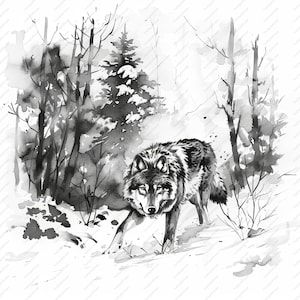 Wolf in a Black & White Forest Clipart - 10 High Quality JPGs, Scrapbooks, Digital Craft, Digital Planners, Junk Journal, Instant Download