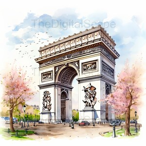 May include: A watercolor painting of the Arc de Triomphe in Paris, France. The arch is surrounded by trees with pink blossoms and a blue sky with white clouds. There are people walking in front of the arch and cars driving on the street.