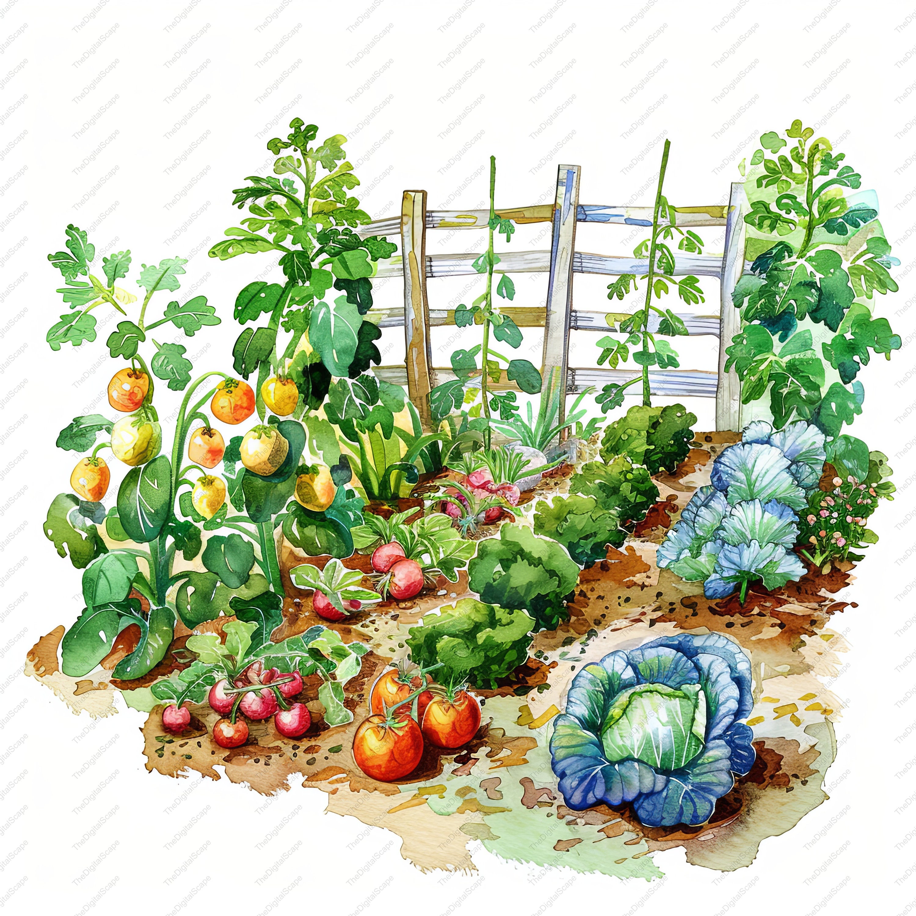 野菜畑の水彩画クリップアート – 農場直送の新鮮な野菜（JPG、即時