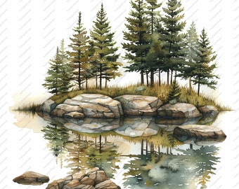 May include: A watercolor painting of a group of evergreen trees on a rocky island with a reflection in the water. The trees are green and brown, and the rocks are gray and brown.