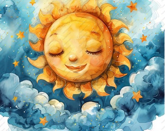 May include: A watercolor painting of a smiling sun with closed eyes, surrounded by blue clouds and yellow stars. The sun has a yellow face with orange hair and a light blue background.