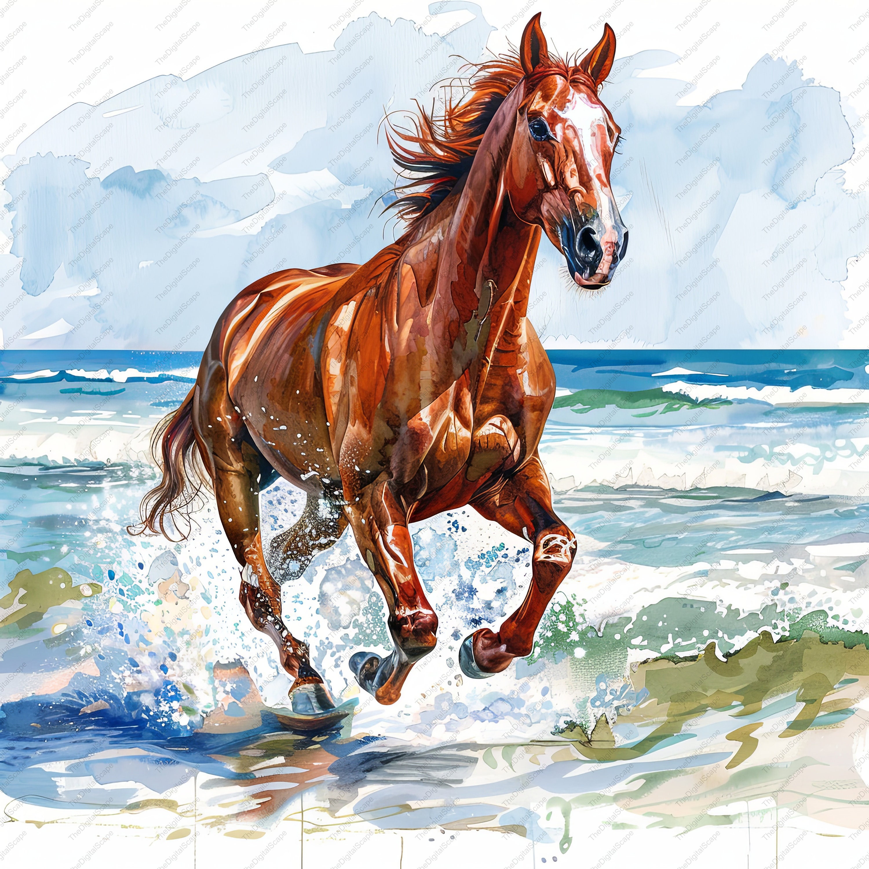 馬　水彩画 水彩画の走る馬のクリップアート – ビーチシーン JPG (デジタル