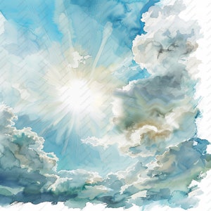 Op de afbeelding: Een aquarel schilderij van een heldere, witte zon die schijnt door pluizige, witte wolken in een blauwe lucht.